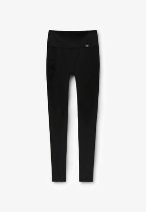 Schwarze Leggings mit glatter Textur, hohem Bund und figurbetontem Design. Verfügen über subtile Nähte entlang der Beine.