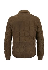 Braune gesteppte Jacke mit Kragen, aus einem strukturierten, wildlederähnlichen Material, mit gerippten Bündchen und geradem Saum.