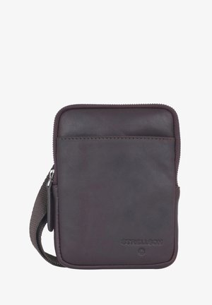 Brown leather pouch with a zip closure, fabric strap, and embossed logo; features a smooth surface and minimalist design.