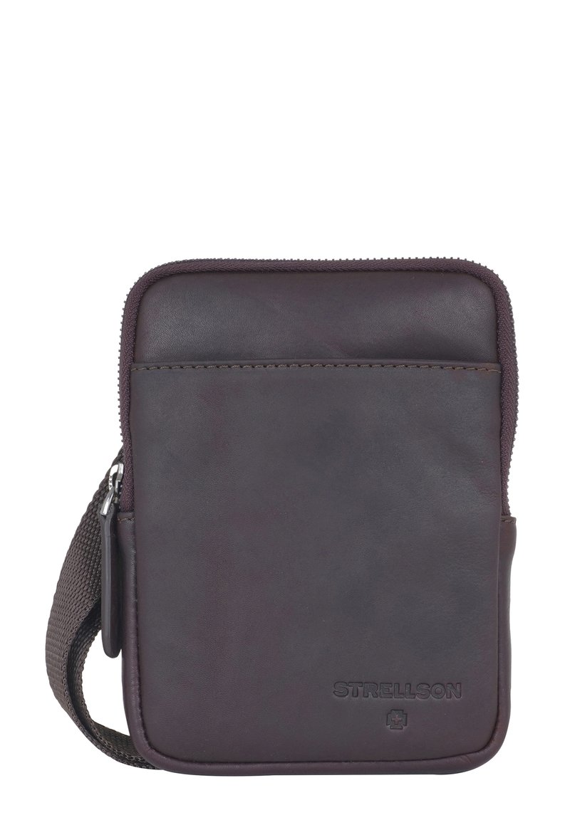 Brązowa skórzana saszetka z zamkiem błyskawicznym, materiałowym paskiem i wytłoczonym logo; cechuje się gładką powierzchnią i minimalistycznym wzornictwem.