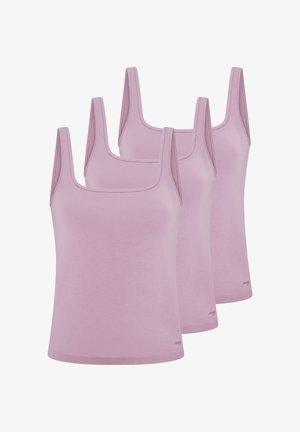 Trois débardeurs lavande en tissu doux, avec des encolures carrées et des fines bretelles, présentant une texture lisse et aucun motif visible.