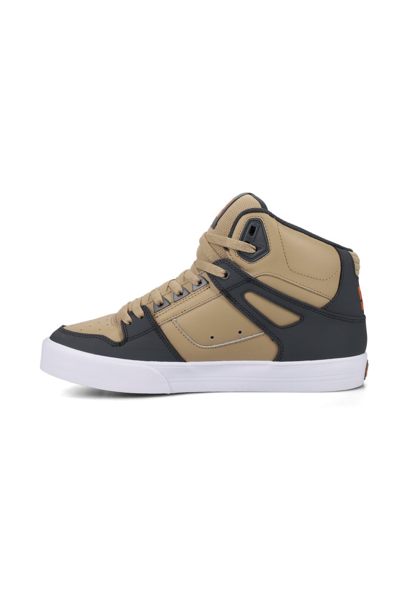 High-top sneakers in tan and navy synthetic leather with white rubber sole. Features include a padded collar, perforations, and lace-up design.