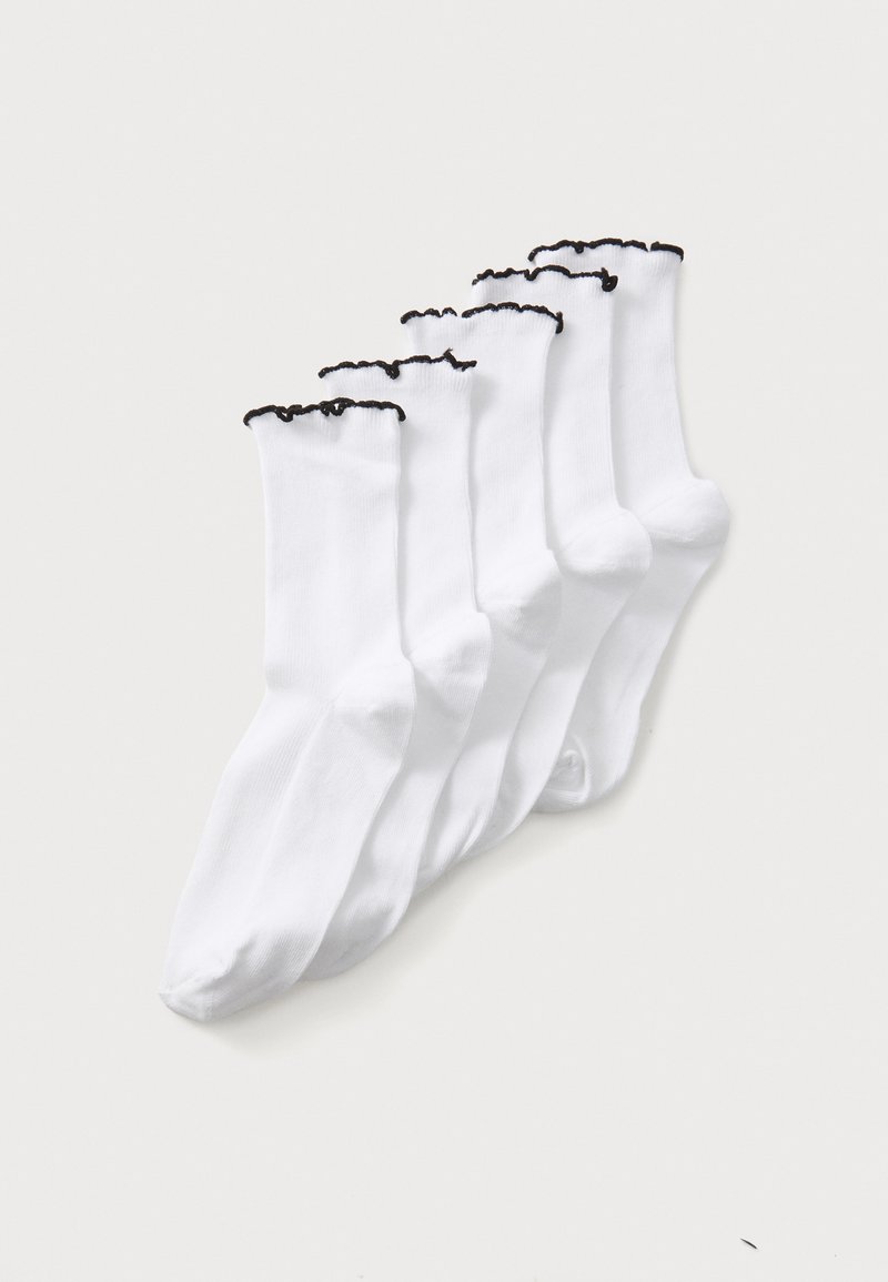Five pairs of white socks with a ruffled black trim at the top, made of a smooth fabric, featuring a classic, ankle-length design.
