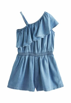 Denim one-shoulder romper with ruffled neckline, elasticated waist, and flowing shorts. Light blue color with soft texture.