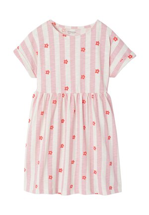 Short-sleeve pink and white vertical striped dress with small red flower patterns and a gathered waist for girls.