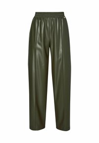 Pantalones de tiro alto color verde olivo, elaborados con cuero sintético brillante, que cuentan con una cinturilla elástica y pliegues laterales para un ajuste relajado.