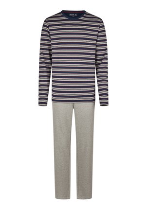 Gestreepte lange mouw top in navy, grijs en rood; gecombineerd met lichtgrijze broek. Beide zijn gemaakt van zacht stof en hebben een relaxed fit.