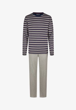 Striped long-sleeve top in navy, grey, and red; paired with light grey pants. Both are made of soft fabric and feature a relaxed fit.