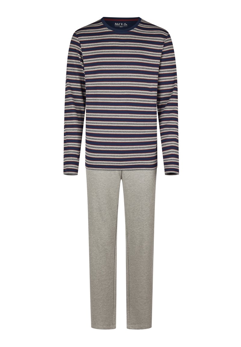 T-Shirt à manches longues rayé en bleu marine, gris et rouge ; associé à un pantalon gris clair. Les deux sont fabriqués en tissu doux et présentent une coupe décontractée.