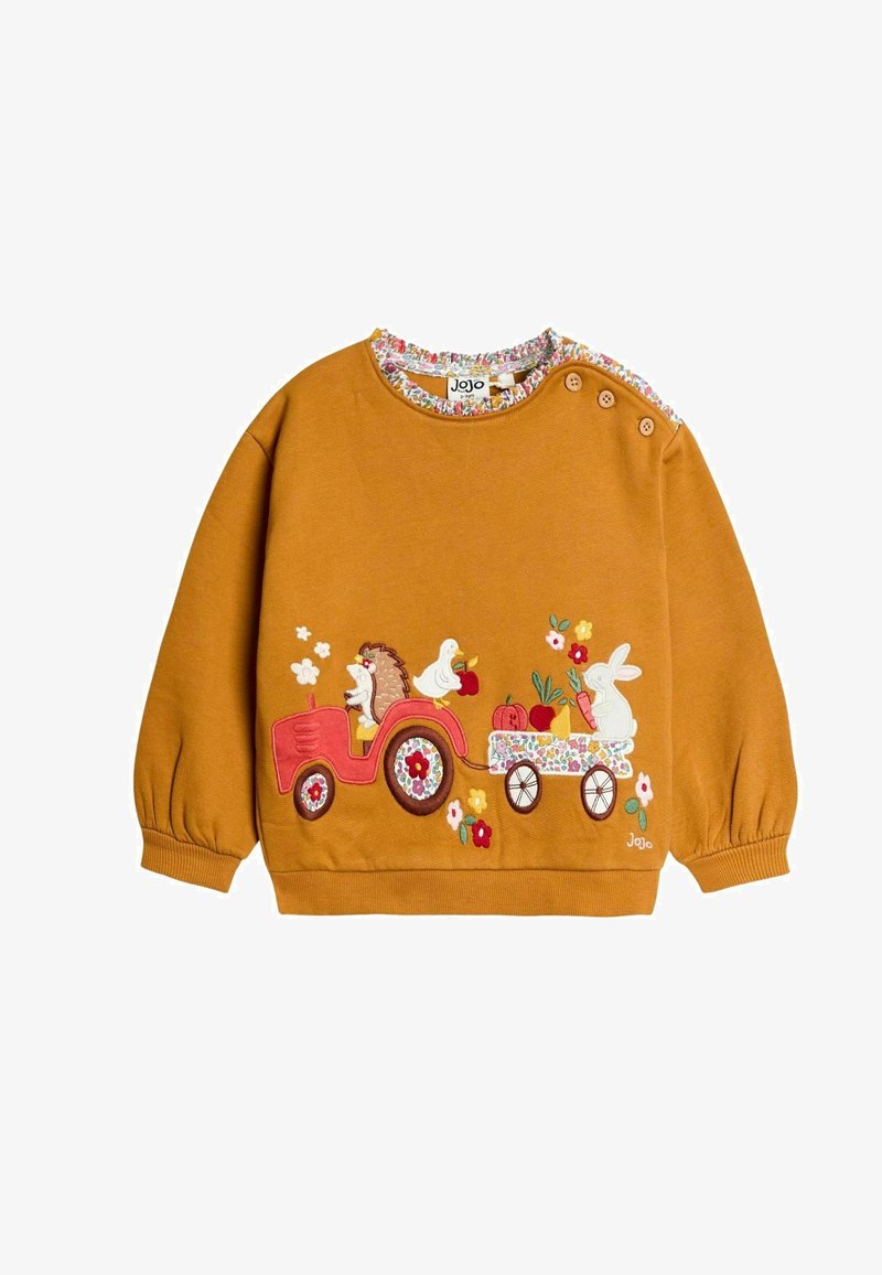 Senfgelbes Sweatshirt mit floralen Akzenten, das ein gesticktes Design mit einem Igel, einer Ente, einem Hasen und einem Traktor sowie bunten Blumen zeigt.