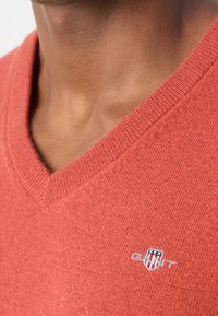 Gros plan d'une personne portant un pull en maille rouge à col en V avec un petit logo GANT brodé sur la poitrine.