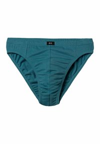 Türkisfarbene Bikini-Höschen aus weichem Stoff, mit einem glatten Bund und gerafftem Stoff an den Seiten für zusätzlichen Komfort.