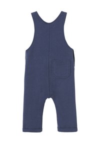 Dunkelblauer ärmelloser Baby-Strampler mit verstellbaren Schultergurten und einer kleinen Aufnähertasche auf der rechten Rückseite.