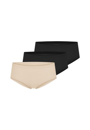 Drei nahtlose Damen-Hipster-Unterhosen in Beige, Schwarz und Schwarz, diagonal auf einem weißen Hintergrund gestapelt.