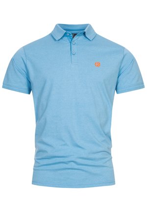 Lichtblauwe poloshirt van een katoenmix, met een drie-knopen sluiting, korte mouwen en een oranje embleem op de linkerkant van de borst.