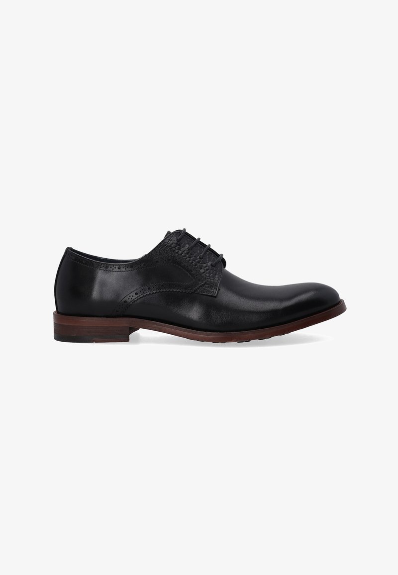 Schwarze Leder-Absatzschuhe mit einer strukturierten schwarzen Musterakzent, runder Zehenform und braunem Holzabsatz. Besitzt eine Schnürung.