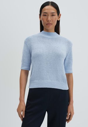 Frau trägt einen hellblauen, kurzärmeligen Strickpullover und schwarze Hose, steht vor einem schlichten hellgrauen Hintergrund.