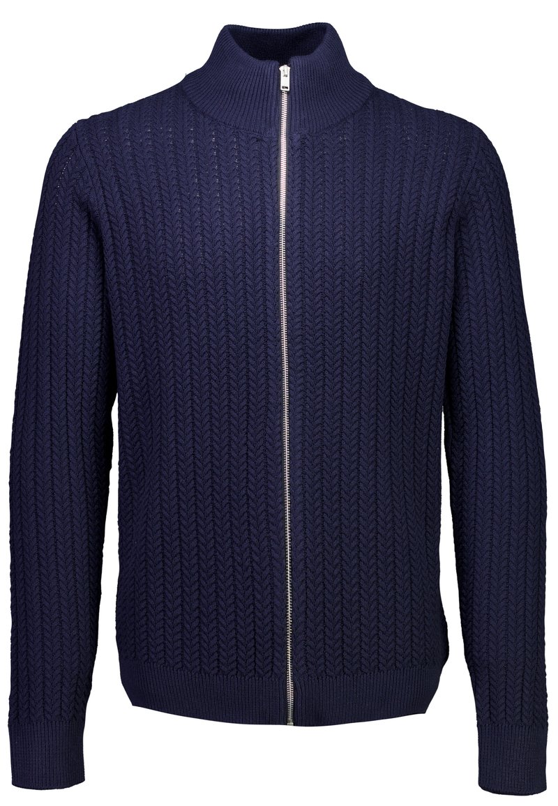 Mörkblå zip-up kashmirtröja med hög krage och strukturerad stickad mönster. Har ribbade ärmslut och fåll för en figurnära look.