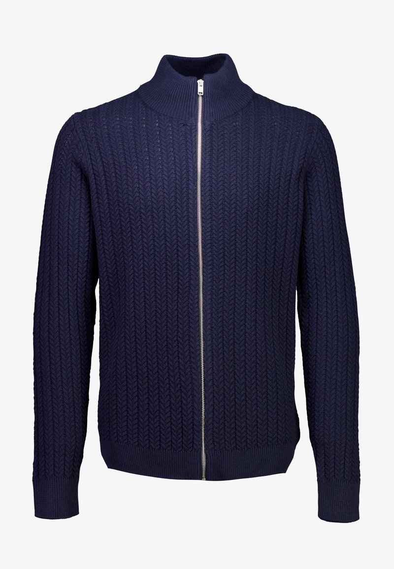 Mörkblå zip-up kashmirtröja med hög krage och strukturerad stickad mönster. Har ribbade ärmslut och fåll för en figurnära look.