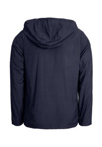 Navy blue hooded jacket with long sleeves, lightweight fabric, and a plain design; features a straight cut and elastic cuffs.