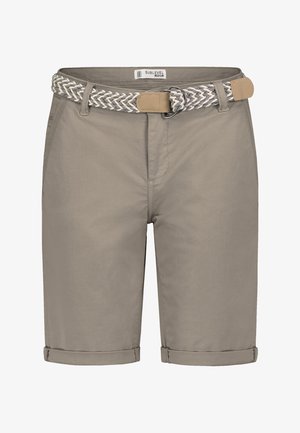 Beige knee-length shorts with rolled cuffs and a braided beige and white belt fastened with a double metal ring buckle.