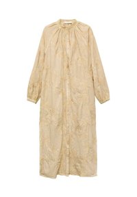 Abito lungo beige con bottoni, colletto rotondo, maniche lunghe e motivo di ricamo floreale. Realizzato in un tessuto leggero e testurizzato.