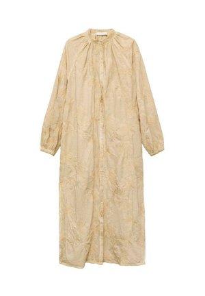 Robe beige longue à boutons avec un décolleté rond, des manches longues et un motif de broderie florale. Fabriquée dans un tissu léger et texturé.