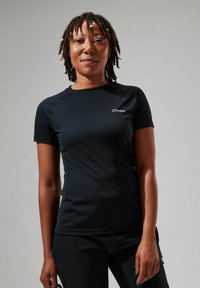 Schwarzes, kurzärmliges Sportshirt aus glattem, atmungsaktivem Material. Mit Rundhalsausschnitt und kleinem Logo auf der linken Brust.