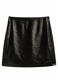 Jupe noire à paillettes avec une texture lisse, longueur au-dessus du genou et design ajusté. Fini brillant qui reflète la lumière. Pas de fermetures visibles.