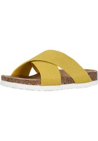 Infradito giallo con bande a croce, dalla finitura testurizzata, con soletta in sughero e suola in gomma bianca. Design leggero e informale.