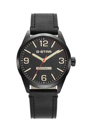 Orologio da polso analogico nero con indici e lancette beige, lancetta dei secondi rossa, cinturino in pelle nero e marchio G-STAR Originals sul quadrante.