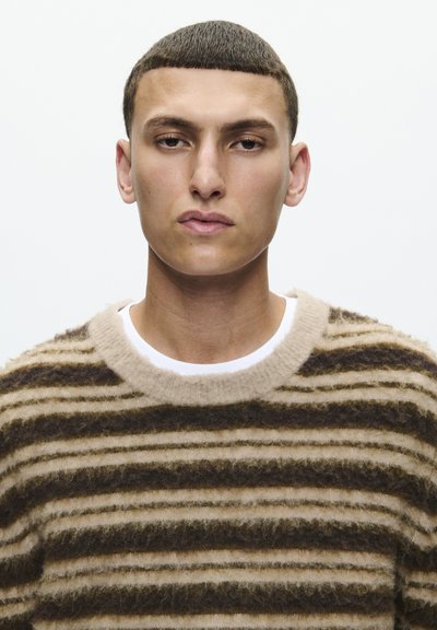 Pull rayé marron et beige, en matière moelleuse, doté d'un col rond et porté par-dessus une chemise blanche, avec une texture douce.
