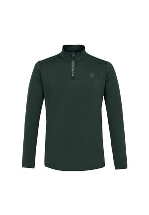 Tamsiai žalia ilgomis rankovėmis sportinė marškinėliai su puse užtrauktuku priekyje, aukštu apykakle ir "PROTEST" logotipu ant užtrauktuko ir krūtinės.