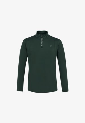 Tamsiai žalia ilgomis rankovėmis sportinė marškinėliai su puse užtrauktuku priekyje, aukštu apykakle ir "PROTEST" logotipu ant užtrauktuko ir krūtinės.