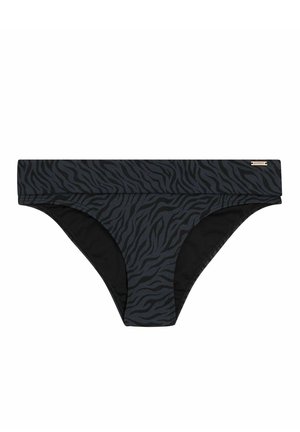Zwarte bikini onderkant met een grijs zebra stripe patroon, voorzien van een brede tailleband en een gladde textuur. Bevat een kleine metalen logoaccent.