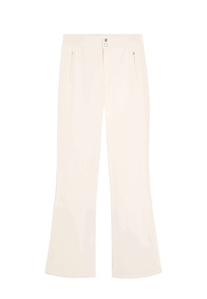 Witte flared broek van een soepele stof, met een tailleband, twee voorzakken met rits en een knoopsluiting.