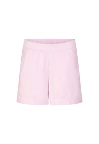 Shorts en coton rose clair avec une taille élastique, coupe droite et ourlet à revers. Comprend des poches latérales pour plus de commodité.