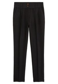 Pantalons en lin noirs avec une coupe droite, deux poches avant et une taille avec deux boutons de fermeture.