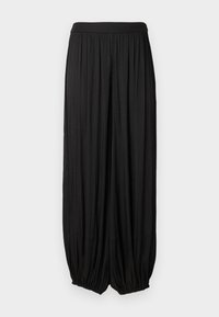 Black wide-leg trousers made from lightweight fabric, featuring a fitted elastic waistband, pleated design, and tapered cuffed bottoms.