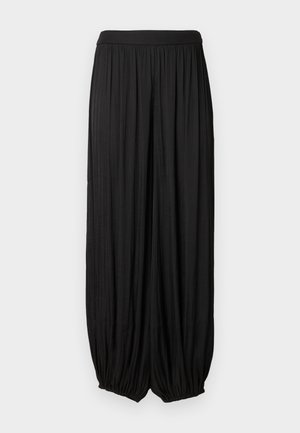 Black wide-leg trousers made from lightweight fabric, featuring a fitted elastic waistband, pleated design, and tapered cuffed bottoms.