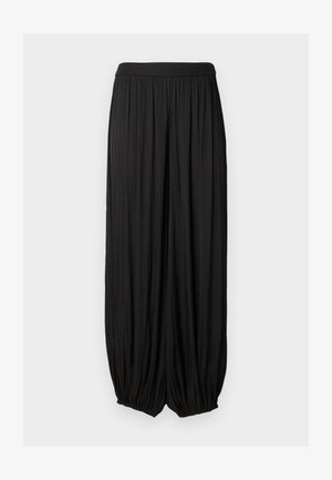 Black wide-leg trousers made from lightweight fabric, featuring a fitted elastic waistband, pleated design, and tapered cuffed bottoms.