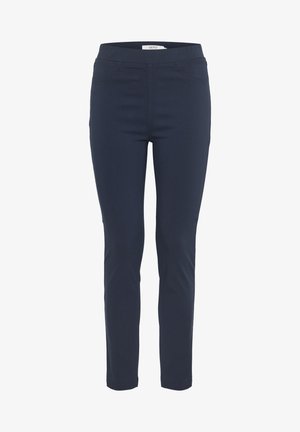 Mornarsko modre raztegljive hlače s ozkim krojem, elastičnim pasom in dvema sprednjima žepoma. Narejene iz mehkega, gladkega materiala, idealne za sproščeno nošenje.