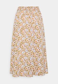 Jupe mi-longue avec taille élastique, présentant une base blanche et un motif floral aux tons verts, orange et violet clair.