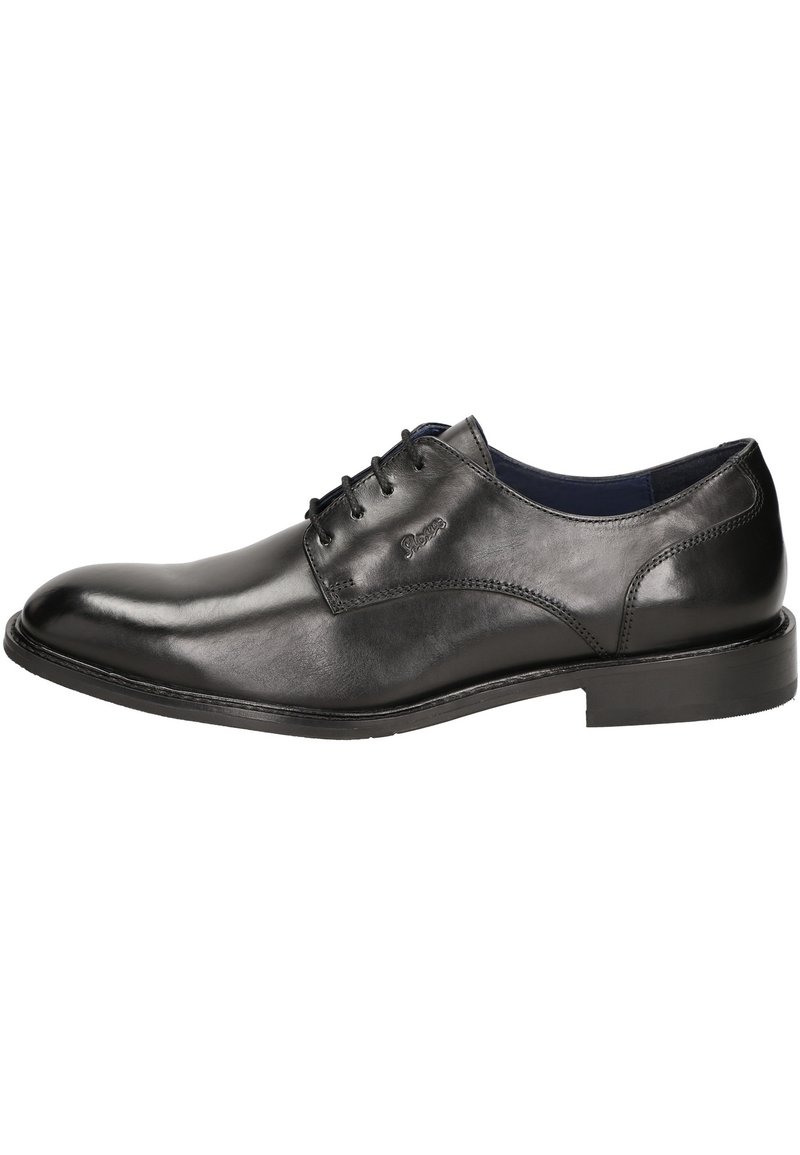 Scarpa elegante in pelle nera con finitura liscia, design con lacci, punta arrotondata e dettagli di cucitura sottili. Suola a profilo basso.