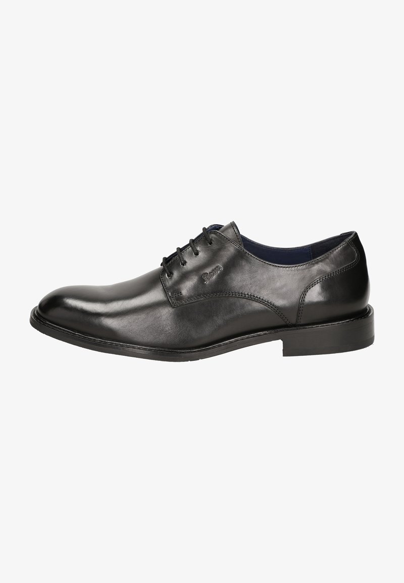 Scarpa elegante in pelle nera con finitura liscia, design con lacci, punta arrotondata e dettagli di cucitura sottili. Suola a profilo basso.
