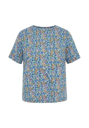Korte mouwen shirt met ronde hals en een dicht abstract bloemmotief in blauw, groen, oranje en wit op een blauwe achtergrond.