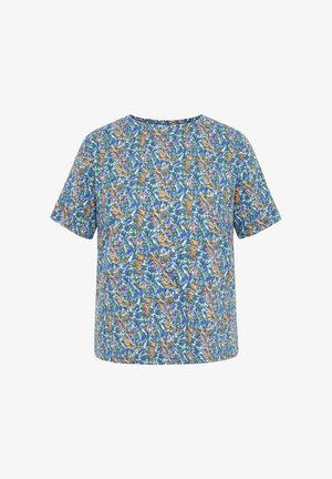 Kurzärmeliges Shirt mit rundem Ausschnitt und dichtem abstraktem Blumenmuster in Blau-, Grün-, Orange- und Weißtönen auf blauem Hintergrund.