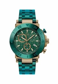 Turquoise stainless steel watch with gold accents. Round face features textured green dial, chronograph subdials, and date display.