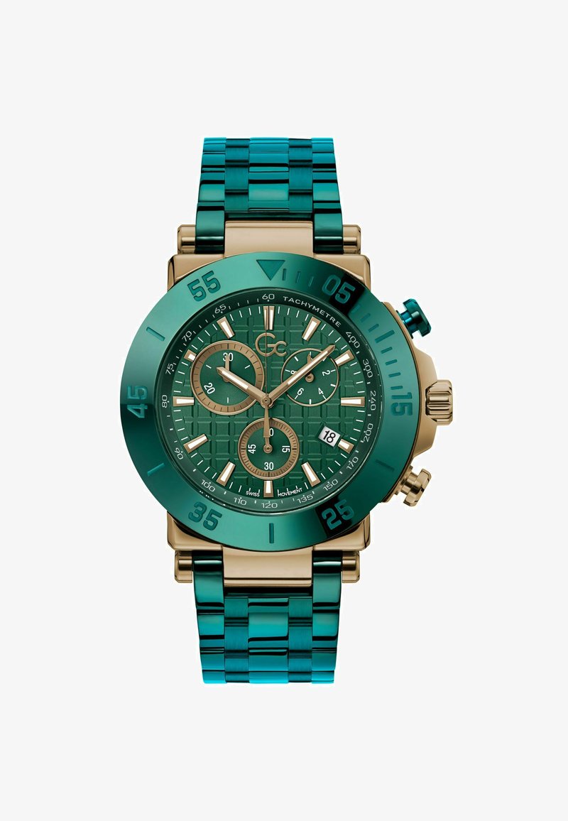 Orologio in acciaio inossidabile turchese con dettagli dorati. Il quadrante rotondo presenta un quadrante verde texturizzato, sottodial di cronografo e visualizzazione della data.