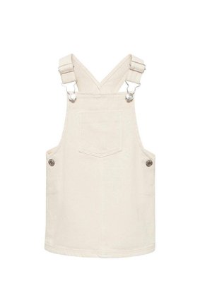 Kremowa sukienka typu pinafore bez rękawów z przednią kieszenią i regulowanymi ramiączkami zapinanymi na metalowe klamry.